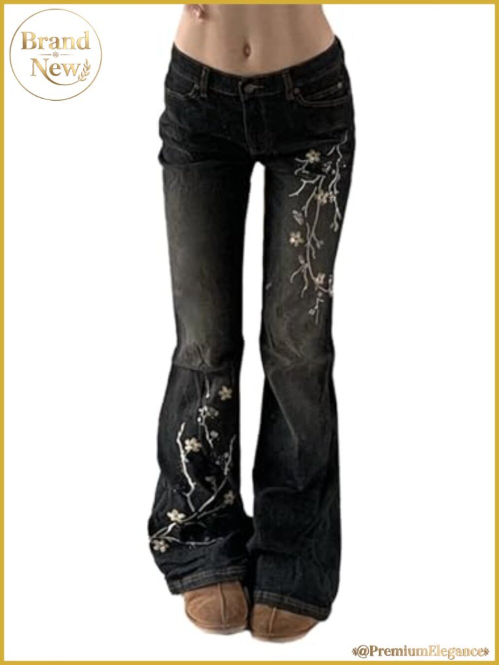 Stretchy Flare Bell Bottom Jeans with Floral Embroidery Y2K Vintage Denim Pants